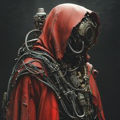 a man in a red cloak and gas mask with wires attached to his face, standing against a black background