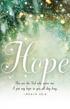 a christmas card with the words hope written in white on green and gold lights behind it