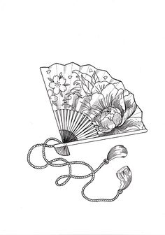 a drawing of a fan with flowers on it and a cord attached to the handle