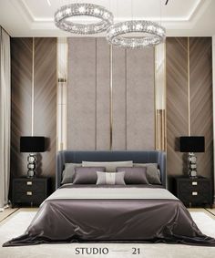 a large bed sitting under a chandelier next to two nightstands in a bedroom