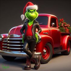 the grinch is standing next to an old red truck with christmas decorations on it