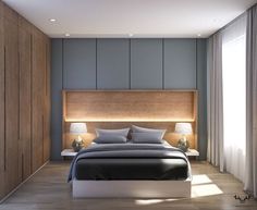 a bedroom with a bed, nightstands and two lamps on either side of the bed