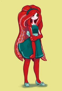 a drawing of a girl with red hair and green dress