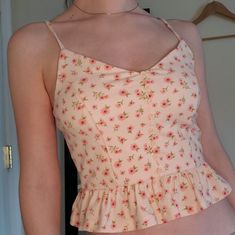 Slightly Cropped Super Cute Frill Top Pretty Soft Baby Pink Color Cute Flower Design Soft Pastel Fake Buttons Really Good Quality Adjustable Straps 95% Cotton Perfect Condition Never Worn True To Size Floral Babydoll Top, Baby Pink Color, Frill Top, Pink Babydoll, Babydoll Shirt, Frill Tops, Baby Pink Colour, Cute Flower, Babydoll Top