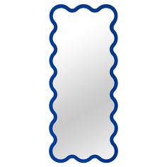 a blue scalloped mirror on a white background with the reflection of an object in it