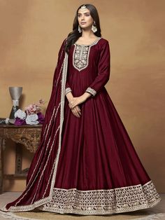 Maroon Georgette Festive Wear Anarkali Suit – Inddus.com Batik Print Dress, Silk Anarkali Suits, Maroon Colour, Indian Anarkali, Anarkali Dresses, Silk Anarkali, Anarkali Lehenga, Lehenga Style, Designer Anarkali