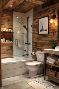 a bathroom with wood paneling and white fixtures