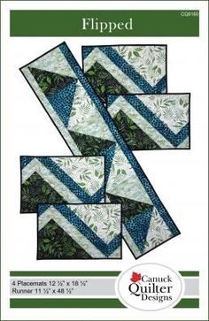 the cover of quilted book, featuring four blocks in blue and green with leaves on them