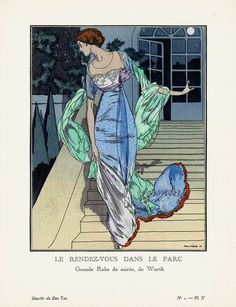 an illustration of a woman in blue dress walking down stairs with her hand on her hip