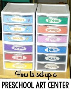 four plastic drawers with the words how to set up a preschool art center on them