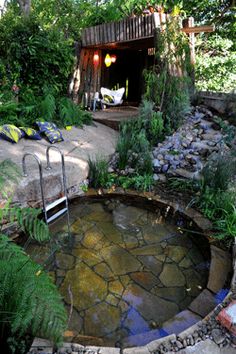 a small pond in the middle of a garden