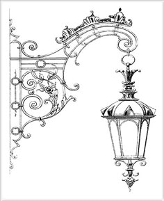 a drawing of a street light attached to a metal wall mounted lamp post with an ornate design