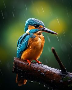 a colorful bird perched on top of a tree branch in the rain with drops of water