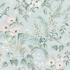 a floral wallpaper with birds and flowers on grey background, suitable for use in interior or exterior decor