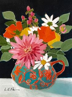 a painting of flowers in a teal vase