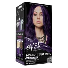 A box of Splat Hair Color's Midnight Tanzanite Hair Dye Light Medium Brown Hair, Permanent Purple Hair Dye, Popular Hair Colors, Splat Hair Color, Pale Blonde Hair, Hair Dye Shades, Dyed Hair Care, Dyed Hair Ombre, Dyed Hair Purple