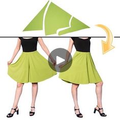 two women in green skirts and black tops are shown with an arrow pointing to each other