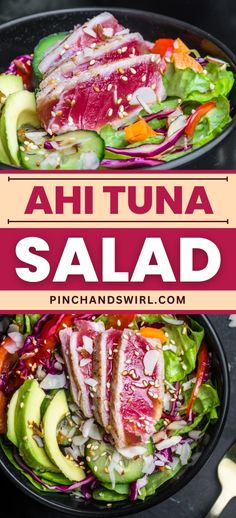 a salad with meat and vegetables in a black bowl on top of a wooden table