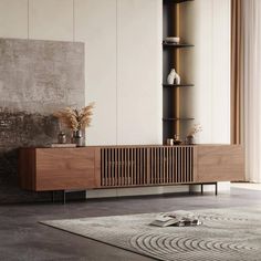 a living room with an entertainment center and rug