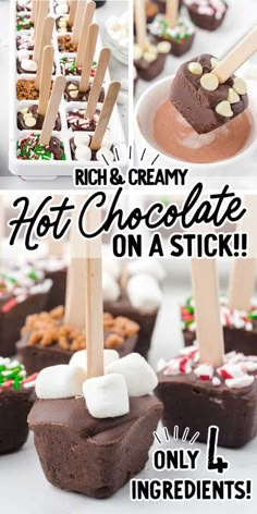 hot chocolate on a stick with marshmallows and pretzels in the middle