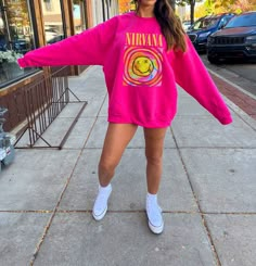 Pink Y2k Sweatshirt With Graphic Print, Pink Y2k Style Graphic Print Sweatshirt, Pink Y2k Graphic Print Sweatshirt, Pink Long Sleeve Band Merch Sweatshirt, Pink Band Merch Sweatshirt With Letter Print, Pink Long Sleeve Band Merch Top, Pink Band Merch Top For Fall, Preppy Graphic Tees, Pink Nirvana Sweatshirt