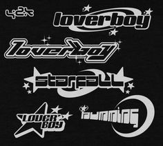 several different types of stickers on a black shirt with white lettering and stars in the background