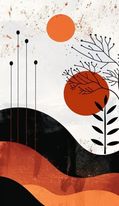 an orange and black abstract painting with trees