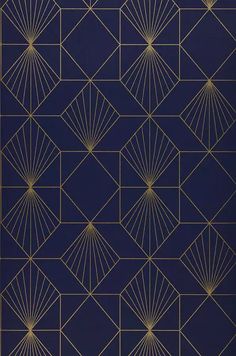 an art deco wallpaper with gold lines and sunbursts on a dark blue background