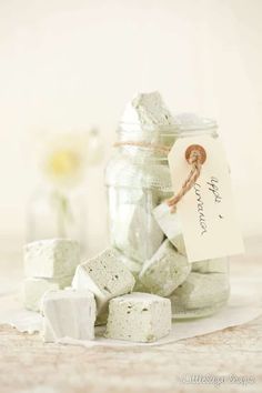 marshmallows in a glass jar with a tag