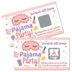 two pink ticket cards with the words pajama party and an image of a woman's face