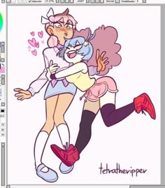 an image of two people hugging each other in the style of cartoon character characters, one with