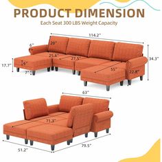 an orange sectional couch and ottoman with measurements for each seat in the same size as shown