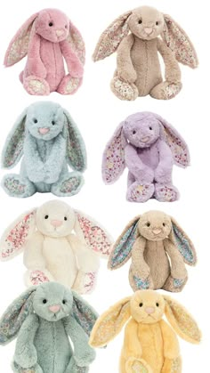 several stuffed animals are shown in different colors