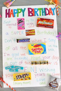 a birthday card with candy and candies on it