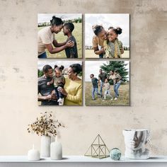 three pictures of people hanging on the wall next to a vase with flowers in it