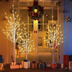 lighted trees and presents in front of a door