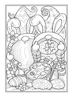 an easter coloring page with eggs, mushrooms and other things to color in the background