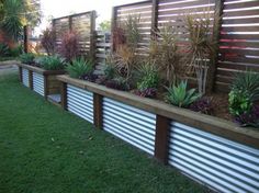 an outdoor garden with various plants and flowers in the planter boxes on the fence