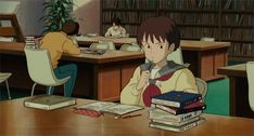 an anime character sitting at a table with books in front of him and another person reading