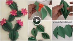 four pictures showing how to make paper flowers and cactus leaves with glue on them, then cut out the stems