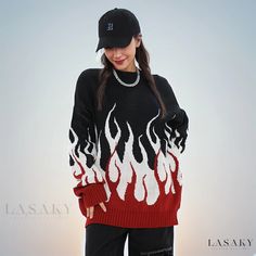 Lasaky - Flame-colored Knitted Sweater with Unique Design and Comfortable Loose Fit for Stylish Innerwear Casual Fall Acrylic Knitting Pattern, Casual Acrylic Knitting Pattern For Fall, Casual Fall Knitting Pattern In Acrylic, Casual Knitted Acrylic Sweater, Casual Acrylic Soft Knit Pattern, Fall Black Knit Knitting Pattern, Fall Black Knitting Pattern, Casual Knit Sweater In Acrylic Yarn, Casual Red Knitted Sweater