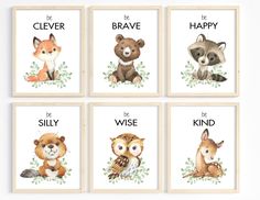 four framed pictures with animals on them and the words be brave, be wise, be kind