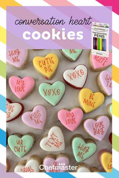 conversation heart cookies with the words conversation heart cookies written in different colors and shapes on them