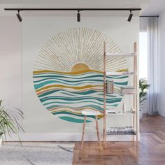 the sun is shining over the ocean waves wall mural