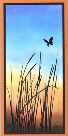 an image of a bird flying in the sky above some tall grass at sunset or dawn