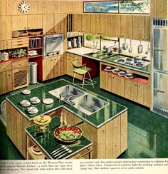 an old kitchen with green counter tops and wooden cabinets