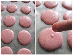 two pictures of pink donuts being made on a baking sheet and then baked in the oven