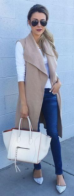 new fall winter 2016 fashion trends 2016 Fashion Trends, Beige Vest, Stitch Fit, Vest Outfit, Fall Fashion 2016, Hello Fashion, Ray Ban Aviator, Long Vest