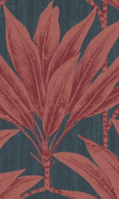 a blue and red wallpaper with leaves on it