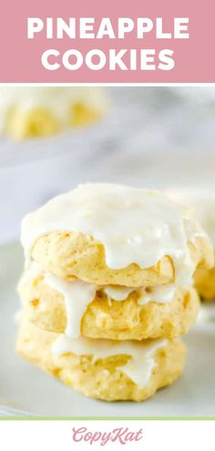 three pineapple cookies with white frosting on top and the title overlay reads, pineapple cookies